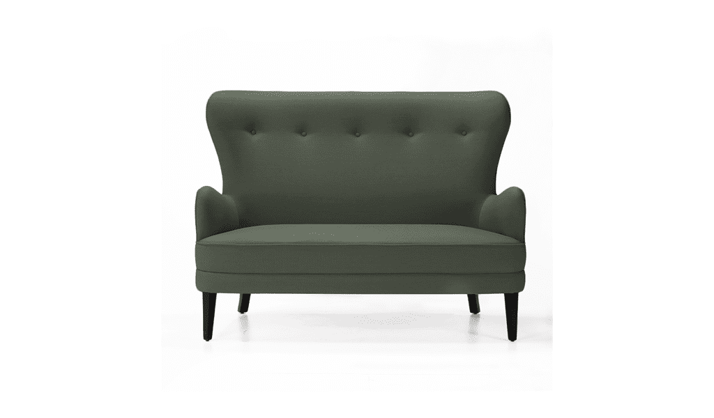 Barton Sofa - Elegant diningsoffa klädd i ett mörkgrönt tyg med fem stycken dekorativa klädda knappar i ryggen.